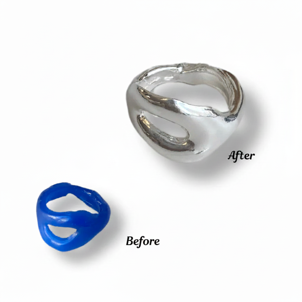 Before and after comparison of a blue ring and a silver ring on a white background.