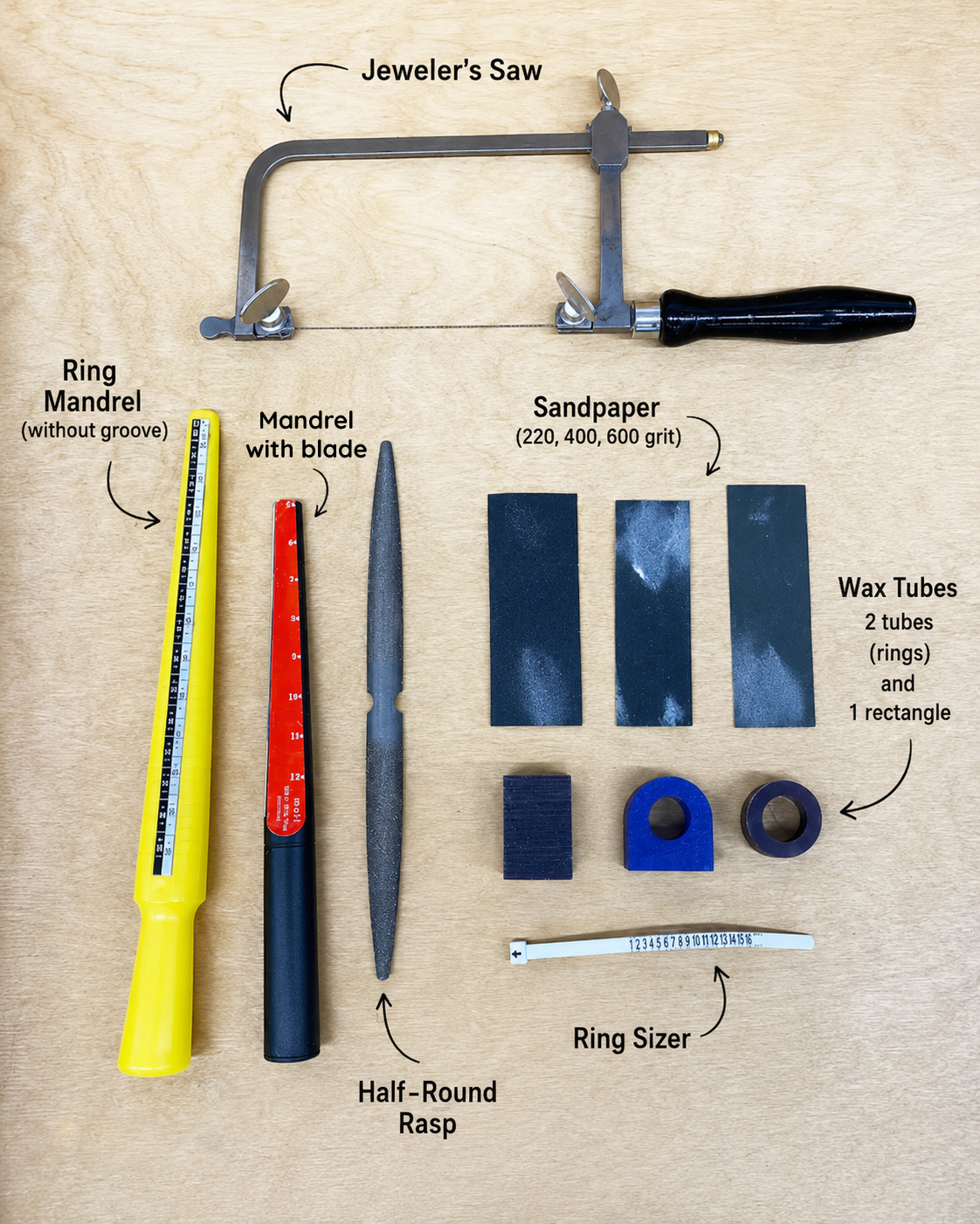 Set of jewelry-making tools on a wooden surface with labels