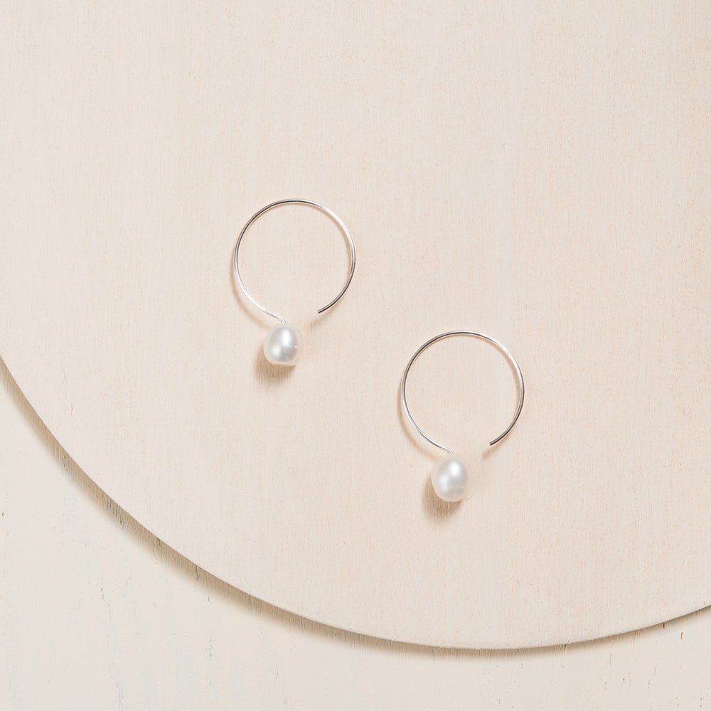 Silver Hoop Earrings - Ivory Pearl - 24mm - Camillette