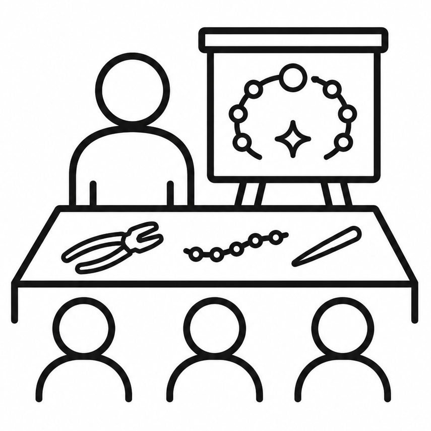Line drawing of a presentation with a screen, table, and audience.