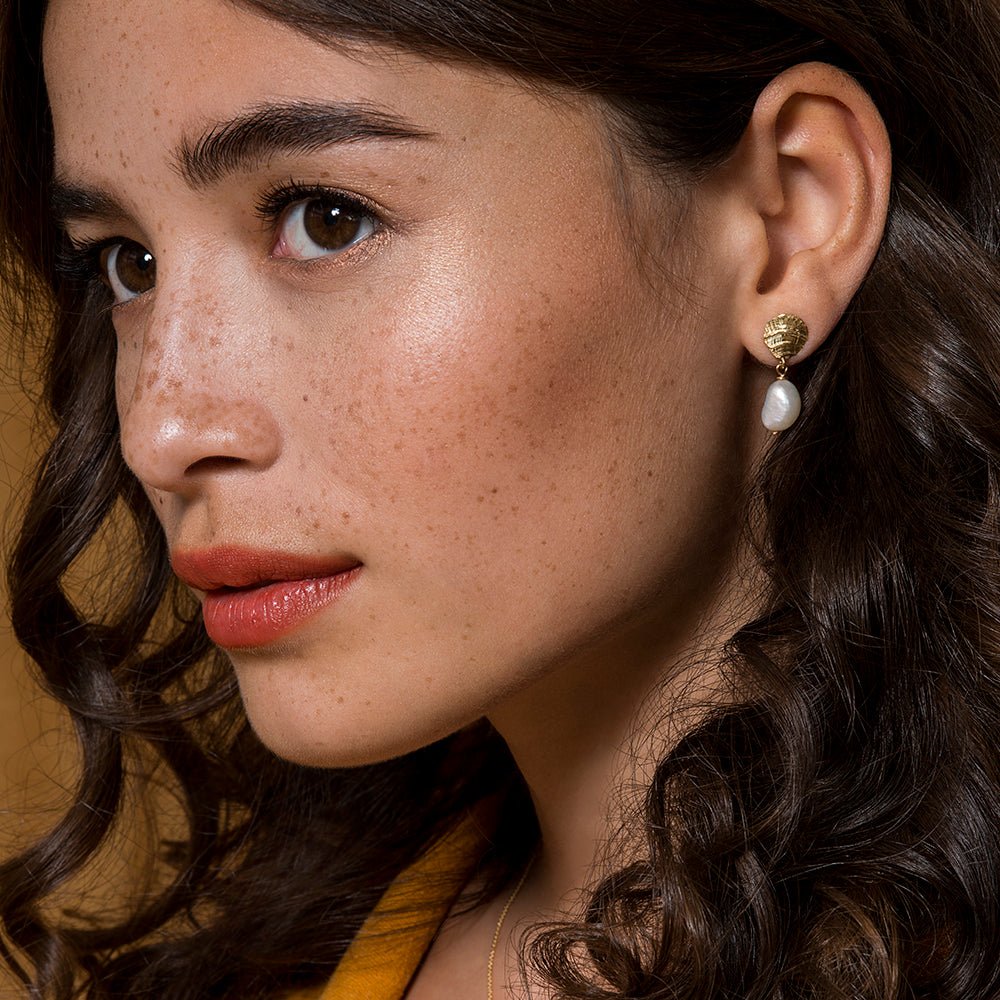 Fossil Drop Earrings with Baroque Pearl - Ivory - Sterling Silver or 14k Gold - Camillette